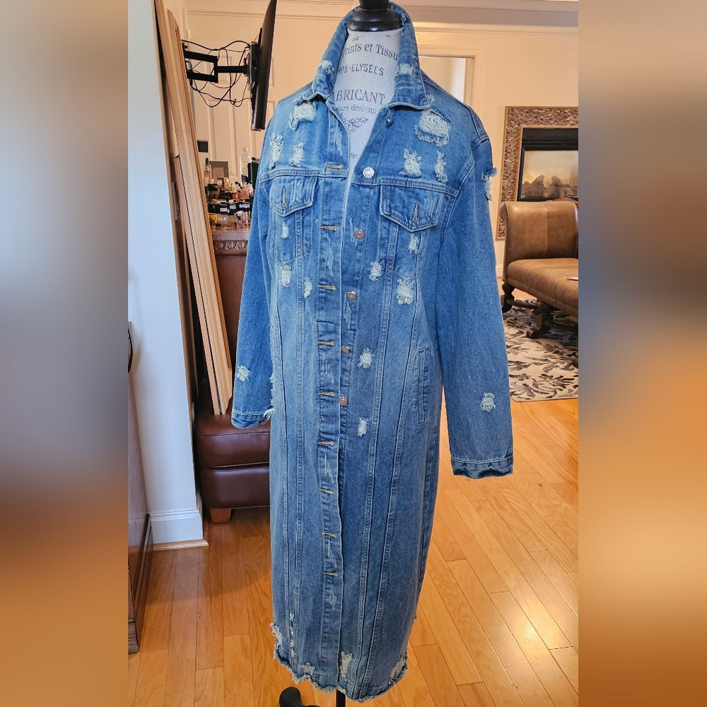 Distressed Denim Maxi Jacket Retail $150 SOLD OUT-akira - Picture 6 of 11